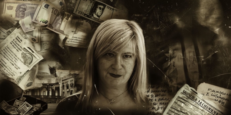 Caso Leire: Novedades tras el levantamiento parcial del sumario. Montaje gráfico en tonos oscuros con el retrato de una mujer rodeada de imágenes de dinero, documentos y edificios.