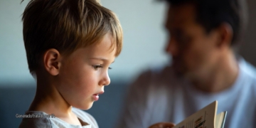 'El semen mola' el libro infantil que indigna a padres en Cataluña. Niño leyendo un libro mientras un adulto aparece desenfocado al fondo