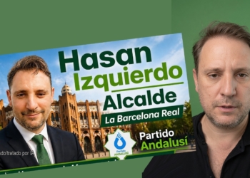 Hasan Izquierdo, el califa moderno que sueña con revertir 1492 en Barcelona. Montaje gráfico con un cartel electoral y la imagen de un hombre sobre un fondo verde.