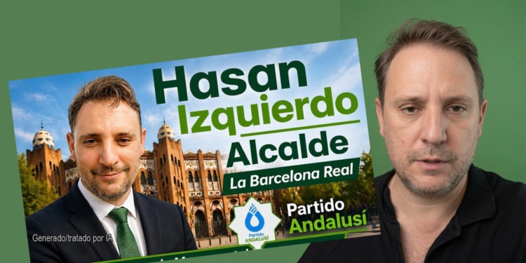 Hasan Izquierdo, el califa moderno que sueña con revertir 1492 en Barcelona. Montaje gráfico con un cartel electoral y la imagen de un hombre sobre un fondo verde.