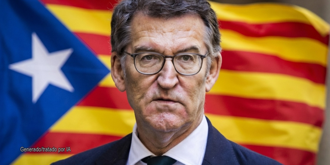 Feijóo huye de Puigdemont para no necesitar a Vox. Feijóo con gafas y traje delante de una bandera con franjas rojas y amarillas.