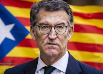 Feijóo huye de Puigdemont para no necesitar a Vox. Feijóo con gafas y traje delante de una bandera con franjas rojas y amarillas.