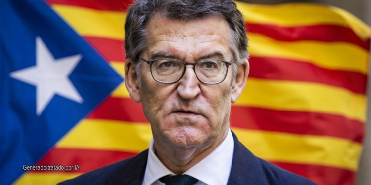 Feijóo huye de Puigdemont para no necesitar a Vox. Feijóo con gafas y traje delante de una bandera con franjas rojas y amarillas.