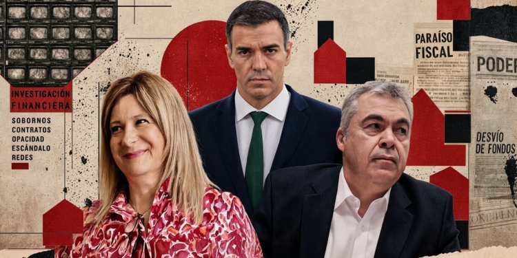 La investigación de la UCO apunta a Pedro Sánchez. Retrato de un hombre con gafas y traje delante de una bandera con franjas rojas y amarillas.