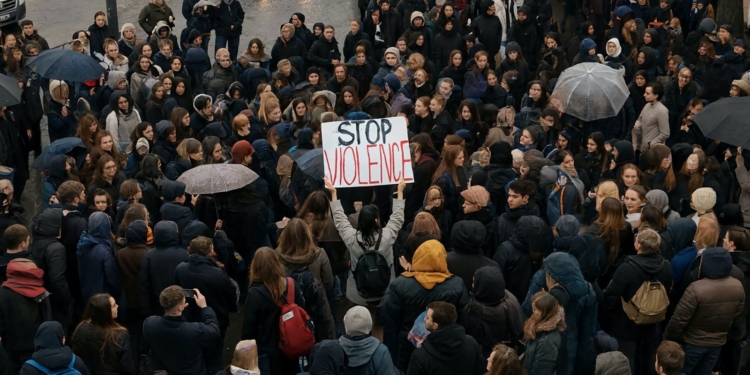 11 sucesos de hoy: fin de la seguridad en España y Europa. Gran multitud de jóvenes reunidos en una protesta pacífica en la calle, con un cartel que dice “STOP VIOLENCE”