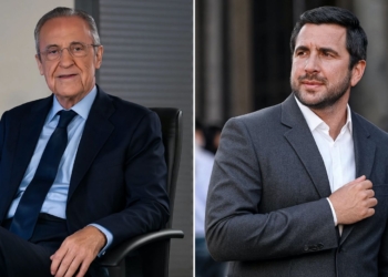 Elecciones Real Madrid con máxima expectación ¿Ganará Florentino o Enrique Riquelme? Fotografía dividida de Florentino Pérez (izquierda) y Enrique Riquelme (derecha).