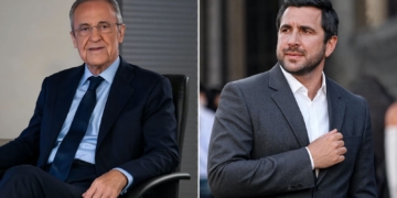 Elecciones Real Madrid con máxima expectación ¿Ganará Florentino o Enrique Riquelme? Fotografía dividida de Florentino Pérez (izquierda) y Enrique Riquelme (derecha).
