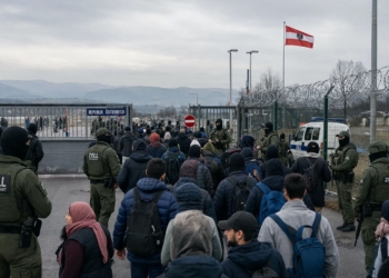 Austria, Polonia y Chequia blindan sus fronteras frente a la inmigración ilegal. Agentes de la policía de fronteras austriaca (Zoll) controlando a un gran grupo de personas en un paso fronterizo de Austria.