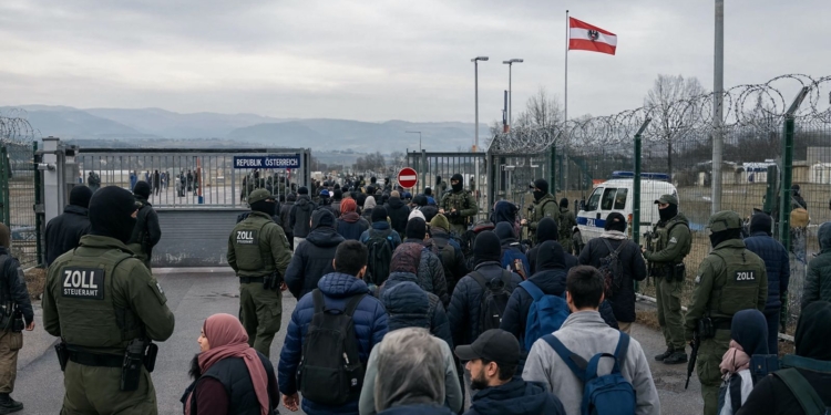 Austria, Polonia y Chequia blindan sus fronteras frente a la inmigración ilegal. Agentes de la policía de fronteras austriaca (Zoll) controlando a un gran grupo de personas en un paso fronterizo de Austria.