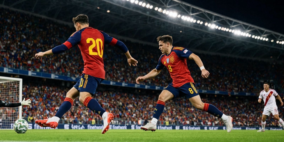 España vence con autoridad 3-1 a Perú: ensayo perfecto rumbo al Mundial 2026. Jugadores de la selección española de fútbol en acción durante el partido contra Perú. El jugador con el dorsal 20 chuta a portería mientras el jugador con el dorsal 8 corre a su lado.