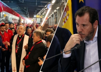 ¡Hipocresía total! Óscar Puente ridiculiza la fe católica y se descubre su origen franquista. Montaje dividido: acto con autoridades y un obispo en estación de tren con AVE (izquierda) y retrato de Óscar Puente (derecha).