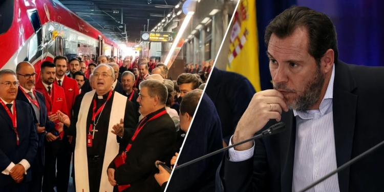 ¡Hipocresía total! Óscar Puente ridiculiza la fe católica y se descubre su origen franquista. Montaje dividido: acto con autoridades y un obispo en estación de tren con AVE (izquierda) y retrato de Óscar Puente (derecha).