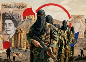 Escándalo británico: 28.000 millones de libras para terroristas. Montaje collage con militantes armados en un paisaje desértico, superpuesto sobre billetes de 10 libras británicos.