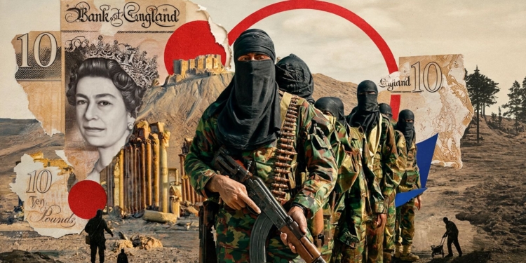 Escándalo británico: 28.000 millones de libras para terroristas. Montaje collage con militantes armados en un paisaje desértico, superpuesto sobre billetes de 10 libras británicos.