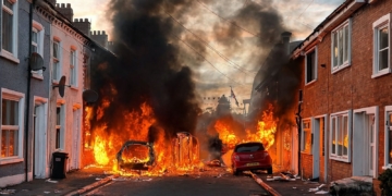 Belfast: vídeo de la caza casa por casa de solicitantes de asilo. Calle residencial en llamas con varios vehículos ardiendo y denso humo negro durante un disturbio.