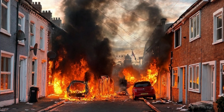Belfast: vídeo de la caza casa por casa de solicitantes de asilo. Calle residencial en llamas con varios vehículos ardiendo y denso humo negro durante un disturbio.