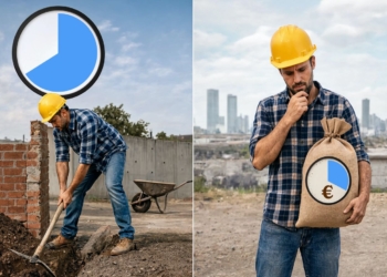 ¿Qué impuestos paga realmente un trabajador en España? Montaje dividido: trabajador de la construcción cavando con un pico junto a un gráfico circular (izquierda) y el mismo trabajador sosteniendo un saco de dinero con símbolo del euro y gráfico (derecha).