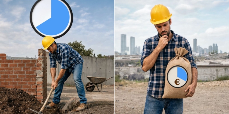 ¿Qué impuestos paga realmente un trabajador en España? Montaje dividido: trabajador de la construcción cavando con un pico junto a un gráfico circular (izquierda) y el mismo trabajador sosteniendo un saco de dinero con símbolo del euro y gráfico (derecha).