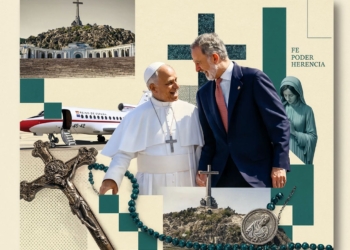 Una visita fallida: la sombra del Valle de los Caídos. Montaje con el Papa León XIV y el Rey Felipe VI, junto a símbolos religiosos y del Valle de los Caídos.
