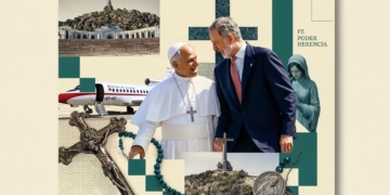 Una visita fallida: la sombra del Valle de los Caídos. Montaje con el Papa León XIV y el Rey Felipe VI, junto a símbolos religiosos y del Valle de los Caídos.