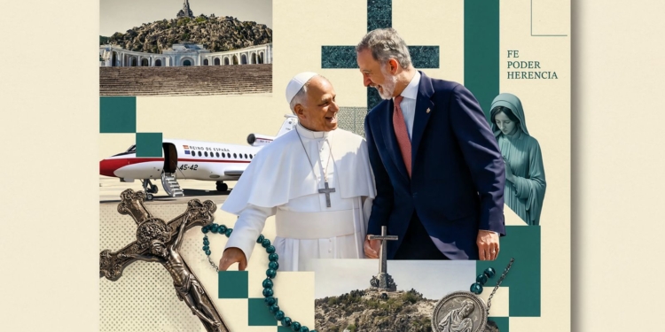 Una visita fallida: la sombra del Valle de los Caídos. Montaje con el Papa León XIV y el Rey Felipe VI, junto a símbolos religiosos y del Valle de los Caídos.