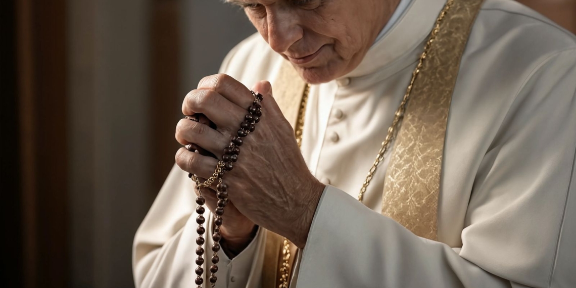 El Papa en España: unas cuantas verdades. Papa León XIV rezando con un rosario entre las manos, con expresión serena y concentrada.