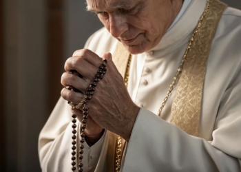 El Papa en España: unas cuantas verdades. Papa León XIV rezando con un rosario entre las manos, con expresión serena y concentrada.