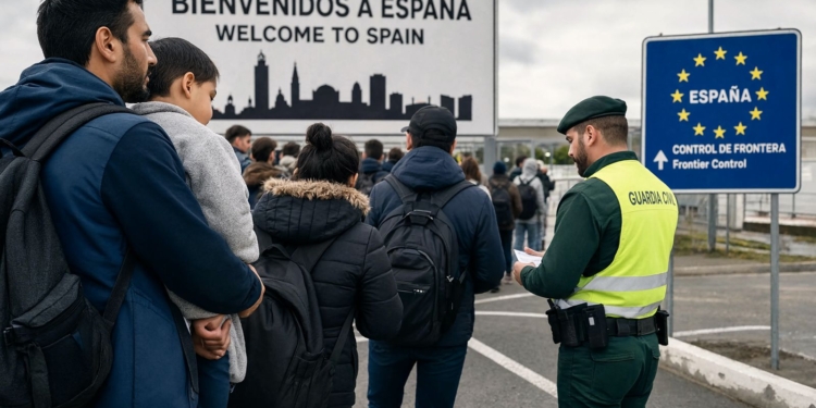 La inmigración en España: cómo ha cambiado el país durante las últimas décadas. Agente de la Guardia Civil realizando control de documentos a un grupo de personas en un puesto fronterizo de España.