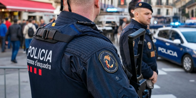 Nueva redada en Barcelona: 13 detenidos, 5 de ellos ilegales por posesión de drogas y tenencia de armas. Agentes de los Mossos d'Esquadra (Policía de Cataluña) en una calle urbana, con un vehículo policial al fondo.