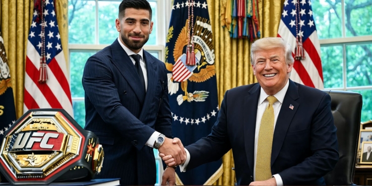 Trump cumple 80 años, sellando la paz con Irán y lo celebrará con UFC en la Casa Blanca. Donald Trump estrechando la mano de Ilia Topuria en el Despacho Oval, con el cinturón del campeonato de UFC sobre la mesa.