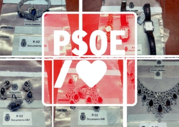 Las joyas de la corona socialista. Collage de joyas de lujo (collares, relojes y pendientes) en bolsas de pruebas de la Policía Nacional, con el logo del PSOE y un corazón superpuesto.