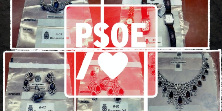 Las joyas de la corona socialista. Collage de joyas de lujo (collares, relojes y pendientes) en bolsas de pruebas de la Policía Nacional, con el logo del PSOE y un corazón superpuesto.