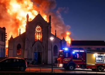 Récord de terror: 13 iglesias arden en Europa en 1 mes. Iglesia gótica en llamas durante la noche, con intensas llamas y humo, mientras un camión de bomberos acude al incendio.