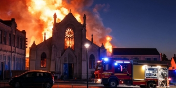Récord de terror: 13 iglesias arden en Europa en 1 mes. Iglesia gótica en llamas durante la noche, con intensas llamas y humo, mientras un camión de bomberos acude al incendio.