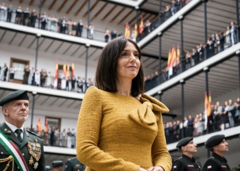 Comparecencia de Mercedes González en directo. Mercedes González, directora de la Guardia Civil, junto a un mando militar durante un acto oficial.