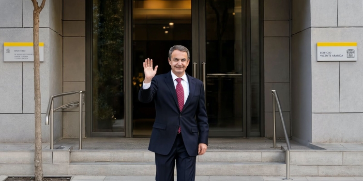 Zapatero declara en la audiencia nacional, última hora en directo. José Luis Rodríguez Zapatero saludando con la mano frente a la entrada del Edificio Vicente Aranda.