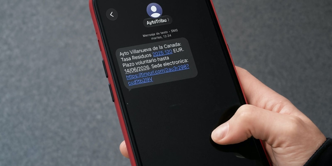 Alerta por estafa masiva: los ayuntamientos de Madrid advierten de SMS fraudulentos por la tasa de basuras. Pantalla de un smartphone mostrando un SMS del Ayuntamiento de Villanueva de la Cañada exigiendo el pago de 120 euros por la Tasa de Residuos.