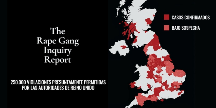 Bandas pakistaníes violaron a 250.000 niñas en Reino Unido: el informe que destroza el multiculturalismo británico. Mapa del Reino Unido con zonas marcadas en rojo y texto sobre el informe de “The Rape Gang Inquiry” con la cifra de 250.000 violaciones presuntamente permitidas.