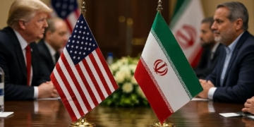 Trump y su declive tras el pacto de 14 puntos humillante ¿Fin de Trump?. Donald Trump y un representante iraní sentados en una mesa de negociaciones con las banderas de Estados Unidos e Irán.