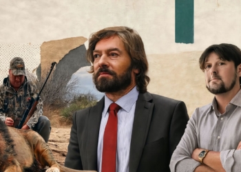 Hamlyn: el prófugo olvidado ligado a Leire, Zapatero y Aldama. Collage con un hombre en traje y corbata roja (centro), un hombre con camisa gris y brazos cruzados (derecha), y un cazador con un león abatido (izquierda).