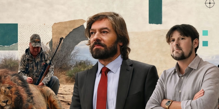 Hamlyn: el prófugo olvidado ligado a Leire, Zapatero y Aldama. Collage con un hombre en traje y corbata roja (centro), un hombre con camisa gris y brazos cruzados (derecha), y un cazador con un león abatido (izquierda).