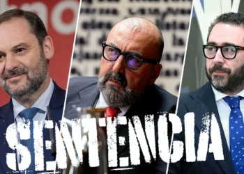 Sentencia por el Caso Mascarillas: José Luis Ábalos 24 años de cárcel, Koldo García 19 y 4 a Víctor de Aldama. Collage con José Luis Ábalos, Koldo García y Aldama, con la palabra “SENTENCIA” superpuesta.