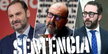 Sentencia por el Caso Mascarillas: José Luis Ábalos 24 años de cárcel, Koldo García 19 y 4 a Víctor de Aldama. Collage con José Luis Ábalos, Koldo García y Aldama, con la palabra “SENTENCIA” superpuesta.