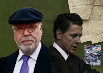 El doble rasero del CGPJ evidencia la grave crisis de la justicia politizada en España. Collage con José Manuel Villarejo (izquierda) y Eduardo Ortega (derecha), sobre fondo de documentos y dinero.