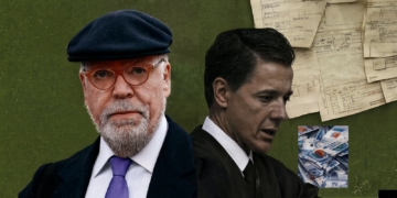 El doble rasero del CGPJ evidencia la grave crisis de la justicia politizada en España. Collage con José Manuel Villarejo (izquierda) y Eduardo Ortega (derecha), sobre fondo de documentos y dinero.
