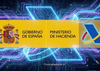Renta 2026: el truco de Hacienda para vaciar tu bolsillo. Gráfico falso generado por IA simulando la web del Gobierno de España y el Ministerio de Hacienda con fondo tecnológico.