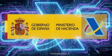 Renta 2026: el truco de Hacienda para vaciar tu bolsillo. Gráfico falso generado por IA simulando la web del Gobierno de España y el Ministerio de Hacienda con fondo tecnológico.