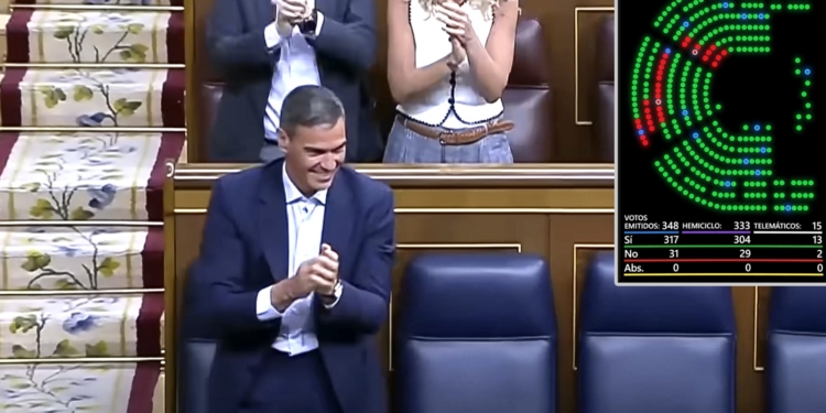 El circo de la Moncloa: la forzada resistencia en la cuestión de confianza a Sánchez. Pedro Sánchez sonriendo y aplaudiendo en el Congreso de los Diputados.