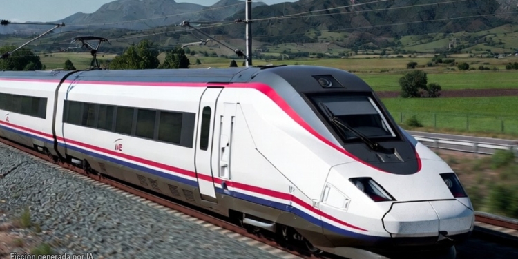 Huelga de trenes hoy: Puente y su Ministerio de Transportes de inmovilidad insostenible. Tren de alta velocidad AVE circulando por una vía con montañas al fondo, generado por inteligencia artificial.