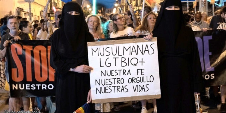 El vídeo viral que humilló al Orgullo LGTBIQ+ de Sevilla. Dos mujeres con niqab sosteniendo un cartel en una manifestación LGTBIQ+, generado por IA.